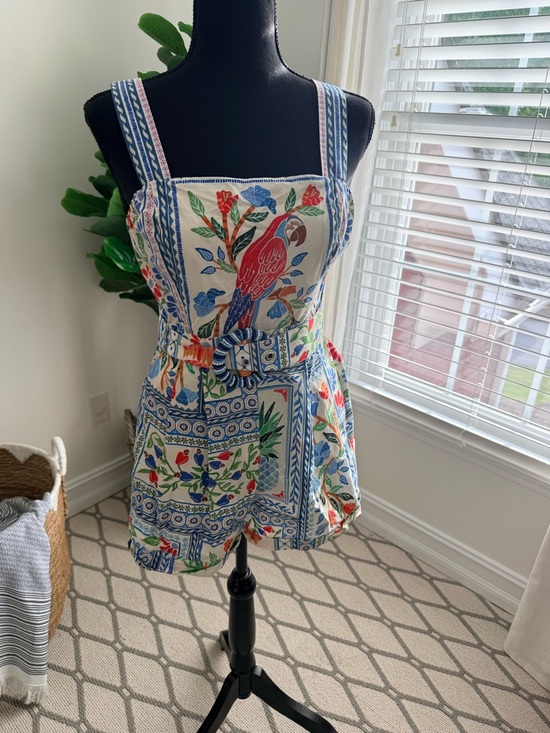 FARM Rio Dresses & Skirts - FARM Rio Anthropologie Tropical Parrot Romper with Belt Green & Blue Leaf Print